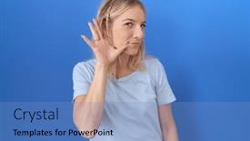  Presentation with hearing - PPT theme with young-caucasian-woman-wearing-casual background and a light blue colored foreground