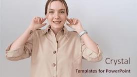  Presentation with ears - Presentation theme having young-caucasian-woman-wearing-casual background and a soft green colored foreground