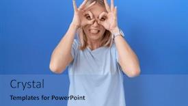  Presentation with tongue - Presentation theme having young-caucasian-woman-wearing-casual background and a light blue colored foreground