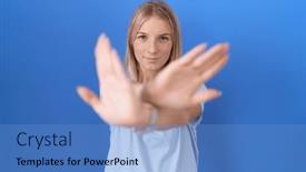  Presentation with negative - Presentation design consisting of young-caucasian-woman-wearing-casual background and a teal colored foreground