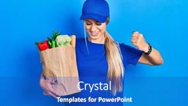  Presentation with courier - PPT theme consisting of young-caucasian-woman-wearing-courier background and a cobalt blue colored foreground