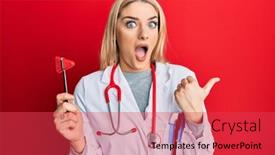  Presentation with medical hammer - Presentation theme having young-caucasian-woman-wearing-doctor background and a red colored foreground