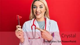  Presentation with medical hammer - Beautiful theme featuring young-caucasian-woman-wearing-doctor backdrop and a red colored foreground