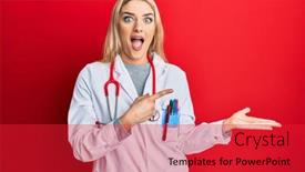  Presentation with finger - PPT theme with young-caucasian-woman-wearing-doctor background and a red colored foreground