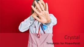  Presentation with sad woman - Colorful presentation design enhanced with young-caucasian-woman-wearing-doctor backdrop and a red colored foreground
