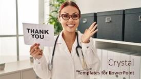  Presentation with hands holding - Presentation theme having young-caucasian-woman-wearing-doctor background and a soft green colored foreground