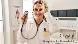  Presentation with eye doctor - Slide set featuring young-caucasian-woman-wearing-doctor background and a soft green colored foreground