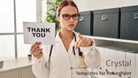  Presentation with thank - PPT theme featuring young-caucasian-woman-wearing-doctor background and a  colored foreground