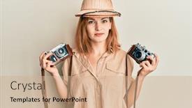  Presentation with explorer - Amazing PPT layouts having young-caucasian-woman-wearing-explorer backdrop and a coral colored foreground