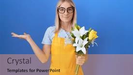  Presentation with hand holding flowers - Presentation theme with young-caucasian-woman-wearing-florist background and a gold colored foreground