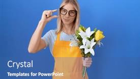  Presentation with hand holding flowers - Presentation theme with young-caucasian-woman-wearing-florist background and a ocean colored foreground