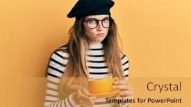  Presentation with drinking problem - Audience pleasing presentation design consisting of young-caucasian-woman-wearing-french backdrop and a yellow colored foreground