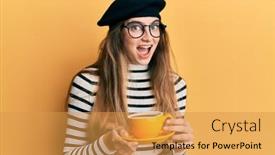  Presentation with coffee cup - Presentation theme enhanced with young-caucasian-woman-wearing-french background and a  colored foreground
