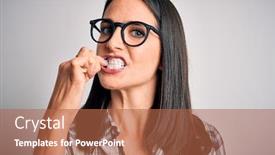  Presentation with tooth paste - Beautiful PPT layouts featuring young-caucasian-woman-wearing-glasses backdrop and a red colored foreground