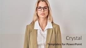  Presentation with glasses - Presentation theme having young-caucasian-woman-wearing-glasses background and a coral colored foreground