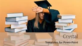  Presentation with woman sad - PPT theme consisting of young-caucasian-woman-wearing-graduation background and a coral colored foreground