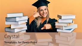  Presentation with graduation - Presentation having young-caucasian-woman-wearing-graduation background and a coral colored foreground