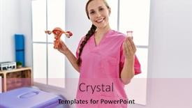  Presentation with physiotherapy - PPT theme with young-caucasian-woman-wearing-physiotherapist background and a coral colored foreground