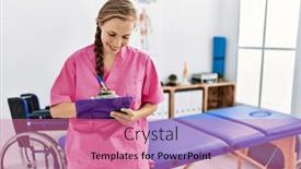  Presentation with physiotherapy - PPT theme consisting of young-caucasian-woman-wearing-physiotherapist background and a coral colored foreground