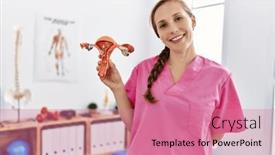  Presentation with uterus - Presentation featuring young-caucasian-woman-wearing-physiotherapist background and a coral colored foreground
