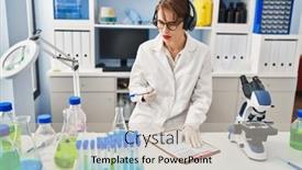  Presentation with listening woman - Presentation theme featuring young-caucasian-woman-wearing-scientist background and a soft green colored foreground