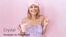  Presentation with cup coffee - PPT theme having young-caucasian-woman-wearing-sleep and a lemonade colored foreground