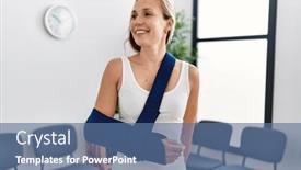  Presentation with accident - PPT theme featuring young-caucasian-woman-wearing-sling background and a ocean colored foreground