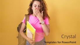  Presentation with student - Presentation theme having young-caucasian-woman-wearing-student background and a  colored foreground