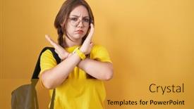  Presentation with student - Slide set featuring young-caucasian-woman-wearing-student background and a gold colored foreground