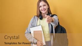  Presentation with student - Slide set having young-caucasian-woman-wearing-student background and a  colored foreground