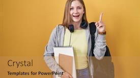  Presentation with student - Theme featuring young-caucasian-woman-wearing-student background and a yellow colored foreground