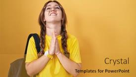  Presentation with praying hands - PPT theme enhanced with young-caucasian-woman-wearing-student background and a gold colored foreground