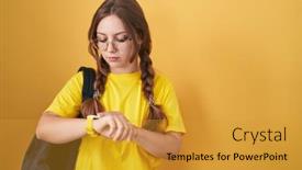  Presentation with student - Slide deck with young-caucasian-woman-wearing-student background and a gold colored foreground