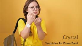  Presentation with student - Presentation theme enhanced with young-caucasian-woman-wearing-student background and a gold colored foreground