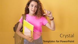  Presentation with student - Presentation theme enhanced with young-caucasian-woman-wearing-student background and a  colored foreground