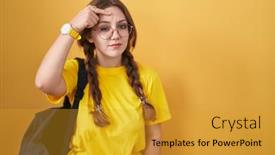  Presentation with acne woman - Presentation design having young-caucasian-woman-wearing-student background and a gold colored foreground