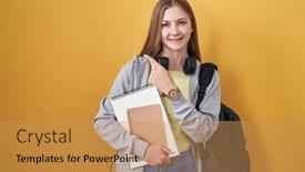  Presentation with student - Slides having young-caucasian-woman-wearing-student background and a  colored foreground