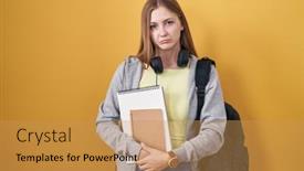  Presentation with woman sad - Slides having young-caucasian-woman-wearing-student background and a yellow colored foreground