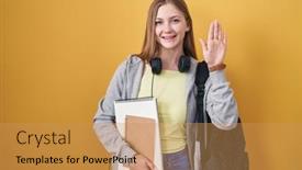  Presentation with student - PPT layouts featuring young-caucasian-woman-wearing-student background and a yellow colored foreground