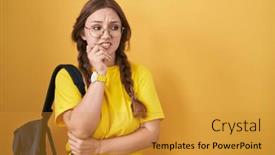  Presentation with student - Presentation featuring young-caucasian-woman-wearing-student background and a gold colored foreground