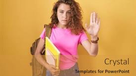  Presentation with sing - Theme having young-caucasian-woman-wearing-student background and a  colored foreground