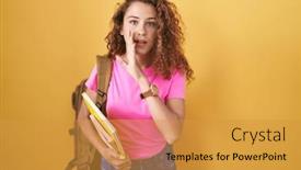  Presentation with talk - Presentation theme consisting of young-caucasian-woman-wearing-student background and a gold colored foreground