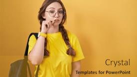  Presentation with lips mouth - Presentation design featuring young-caucasian-woman-wearing-student background and a gold colored foreground