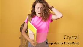  Presentation with woman hands open - PPT theme featuring young-caucasian-woman-wearing-student background and a  colored foreground