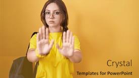  Presentation with forbidden - Presentation design with young-caucasian-woman-wearing-student background and a gold colored foreground