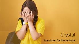  Presentation with woman crying - Slide deck with young-caucasian-woman-wearing-student background and a gold colored foreground