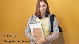  Presentation with upset - PPT theme having young-caucasian-woman-wearing-student background and a  colored foreground