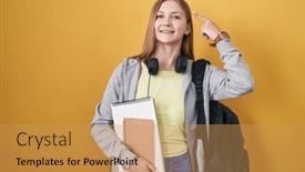  Presentation with great idea - Presentation theme enhanced with young-caucasian-woman-wearing-student background and a  colored foreground