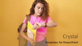  Presentation with late - Slide set having young-caucasian-woman-wearing-student background and a gold colored foreground