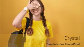  Presentation with blind - Slide set with young-caucasian-woman-wearing-student background and a  colored foreground